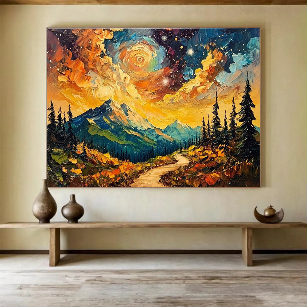 Vibrant Mountain Path Abstract Painting with Starry Sky DYP155