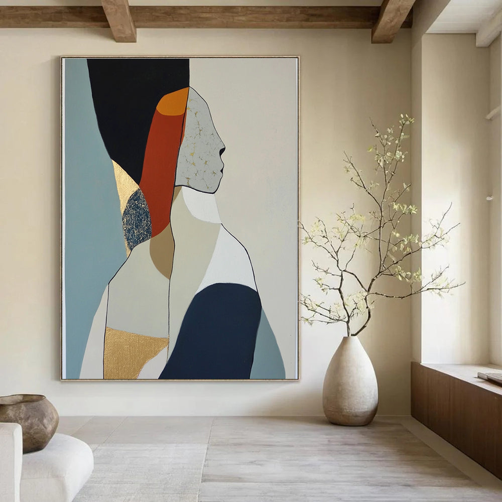 Large abstract oil painting featuring minimalist woman body shapes in muted colors with visible brush strokes and gold leaf accents.STSC1064