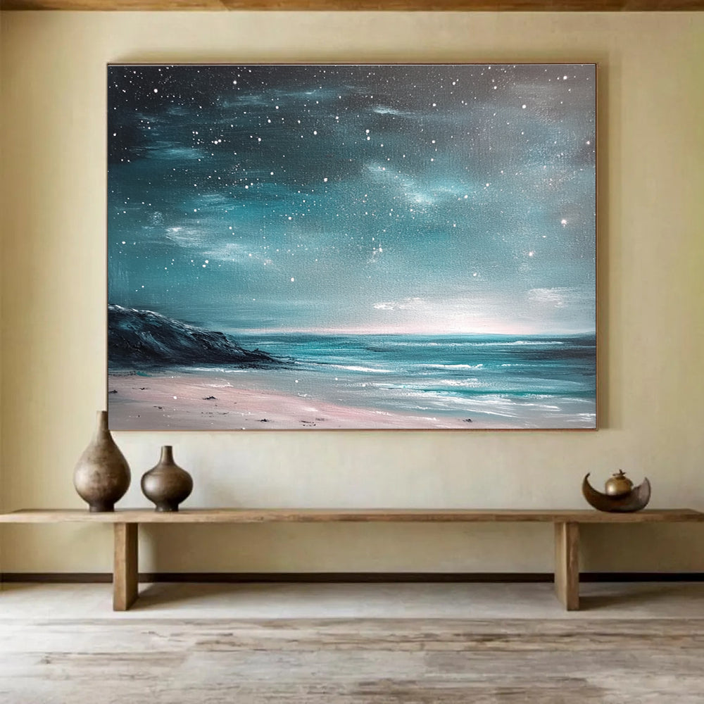 Coastal Starry Night Abstract Painting with Teal and Pink Tones DYP556