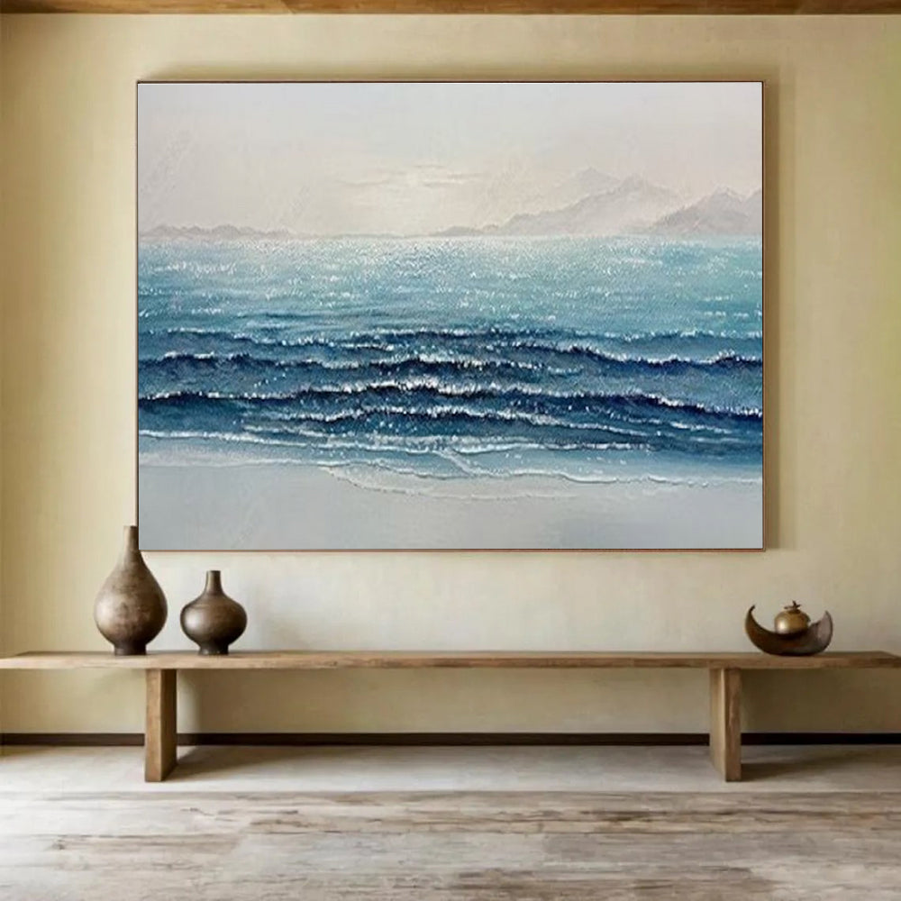 Sparkling Sea Wave Abstract Painting with Blue, White, and Grey Tones THY185