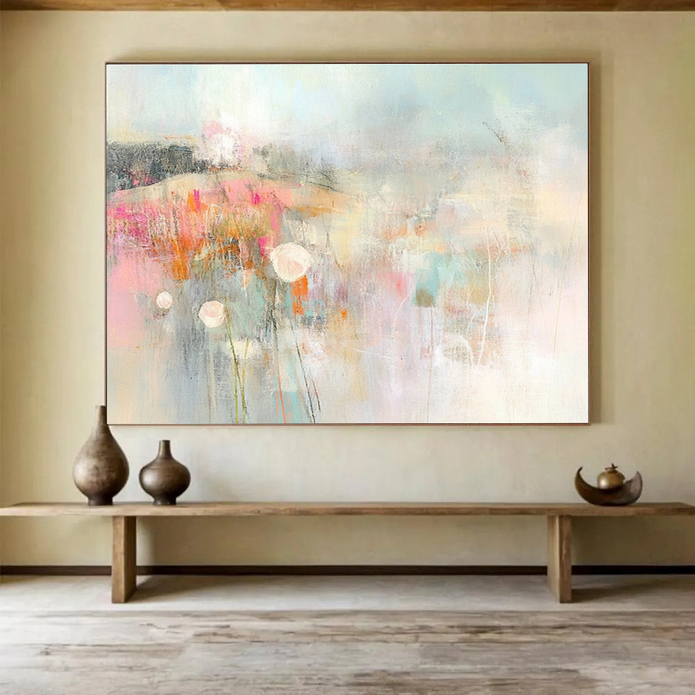 An abstract expressionist painting of the English countryside featuring muted pastel colors soft brush strokes and blurred edges.SC310