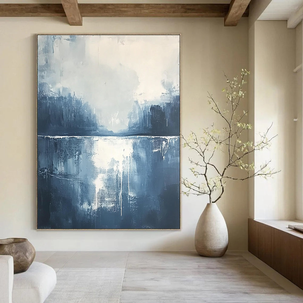 Large abstract painting of misty clouds and water in dark blue and grey with white accents creating an atmospheric and detailed composition.STSC322