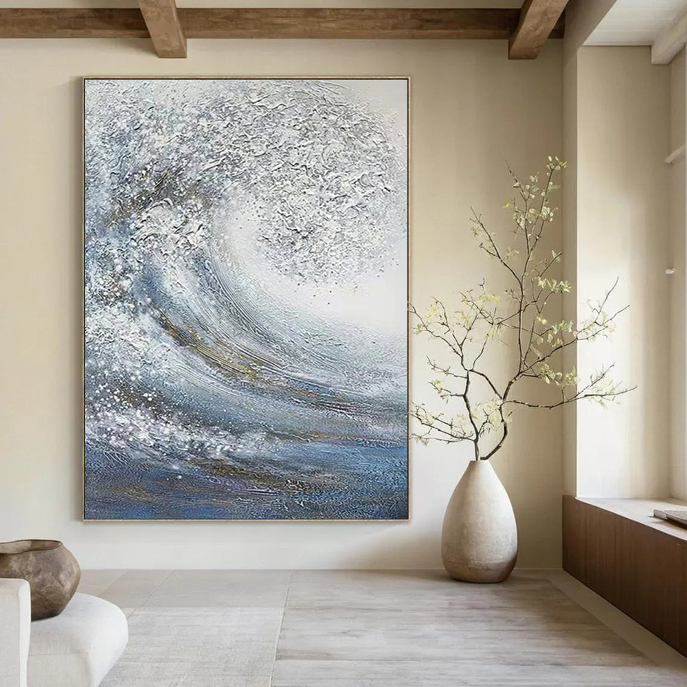 Silver and Blue Wave Abstract Painting with Sparkling Textures ADGE337