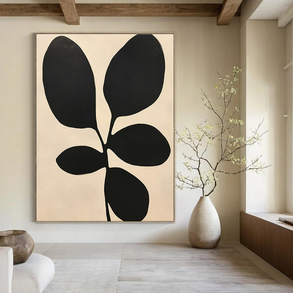 Large abstract painting featuring minimalist black and white shapes resembling leaves inspired by Henri Matisse's style.STSC1078