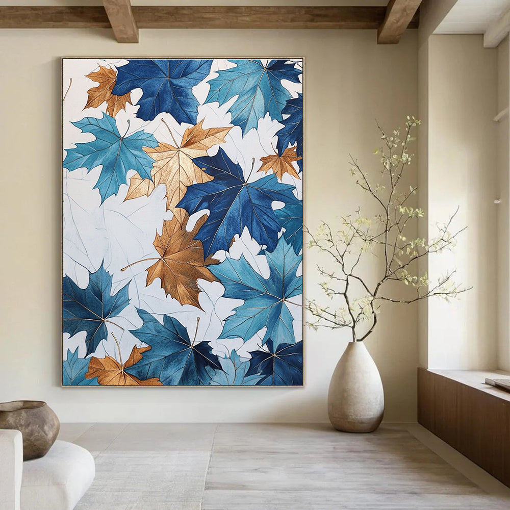 Large abstract painting of blue and gold maple leaves with metallic accents on a white background inspired by John Derric's style.STSC1154