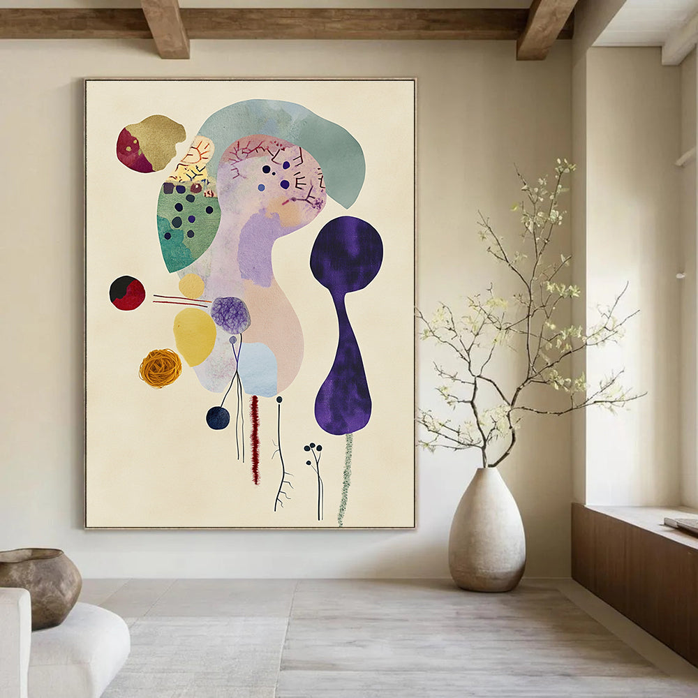 Large abstract fabric figure surrounded by soft pastels doodles wool yarns and watercolor washes on textured paper minimalist style in Matisse inspiration.STSC1351