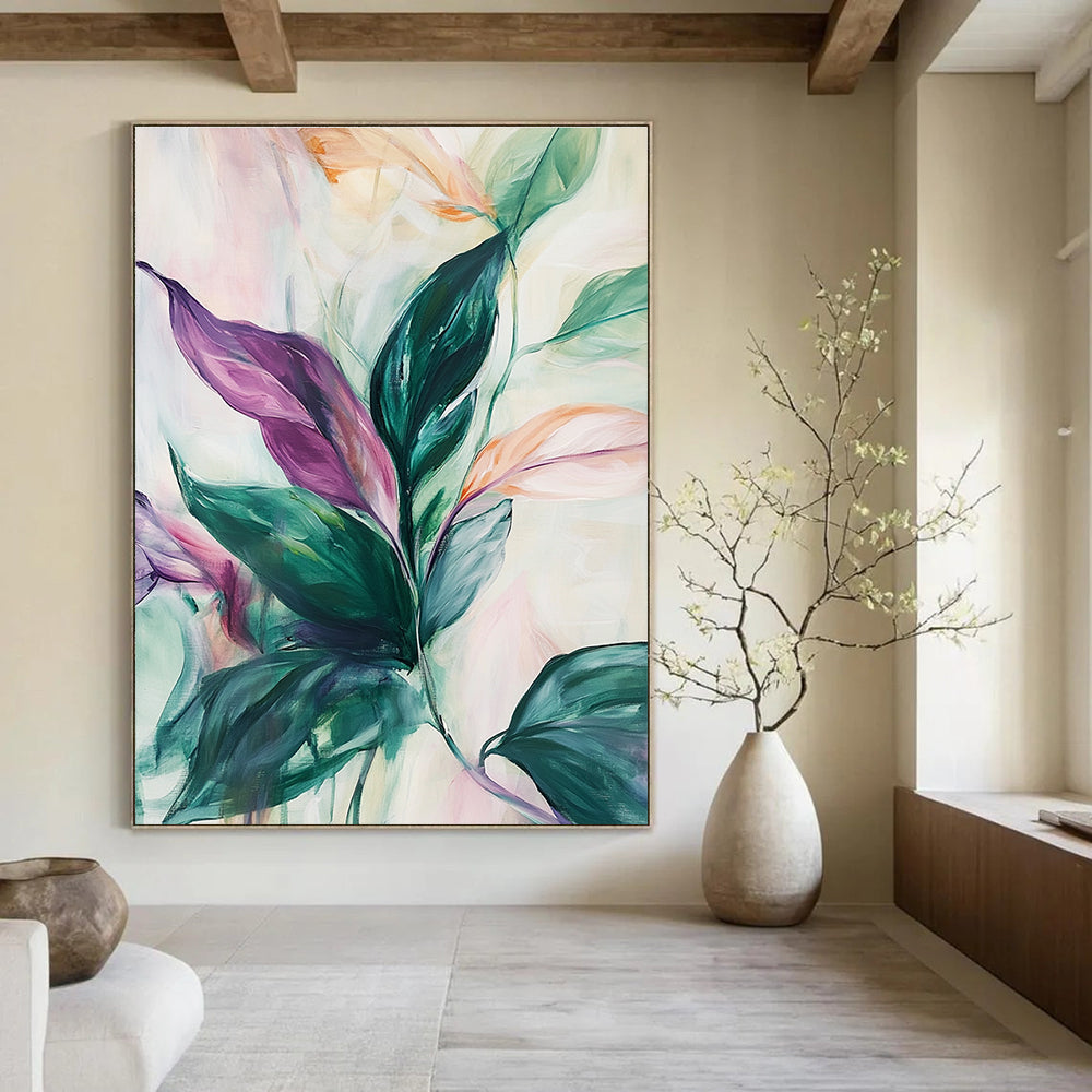Large abstract painting of lush leaves in green pink purple and white with soft lines suggesting movement against a pale background evoking tranquility.STSC1048