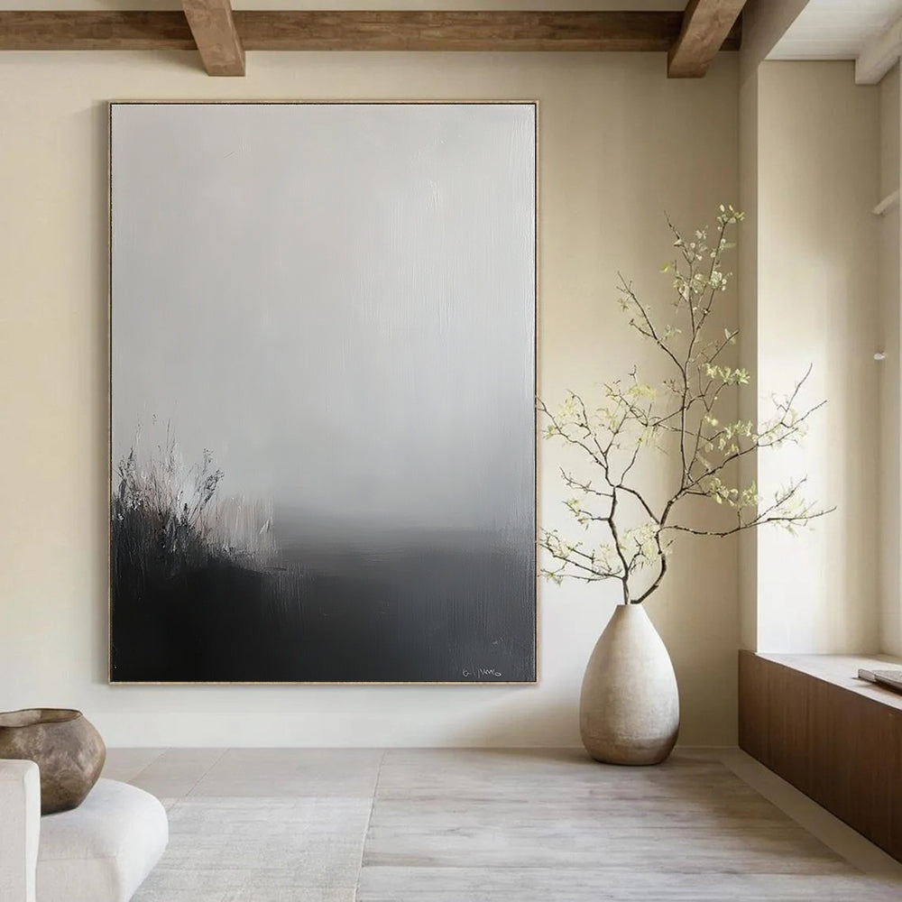 Large abstract painting featuring a grey sky and misty landscape in soft tones and neutral colors creating a calming and contemplative atmosphere.STSC288