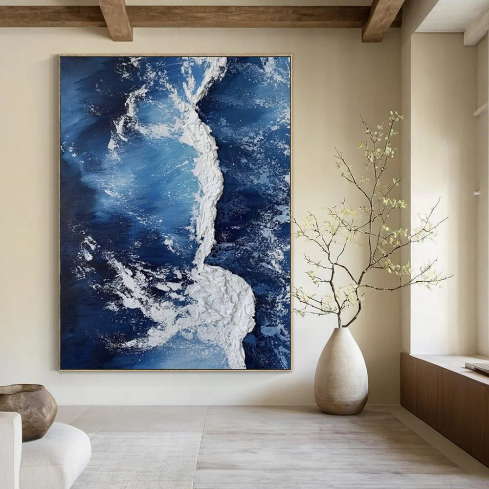Blue and White Wave Abstract Painting with Thick Textures ADGE335