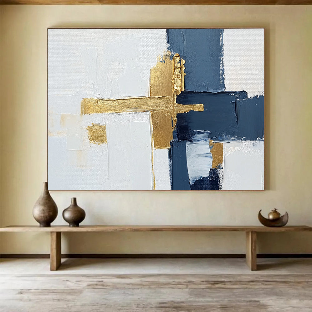 Navy Gold White Abstract Painting with Textured Cross Design DYP426