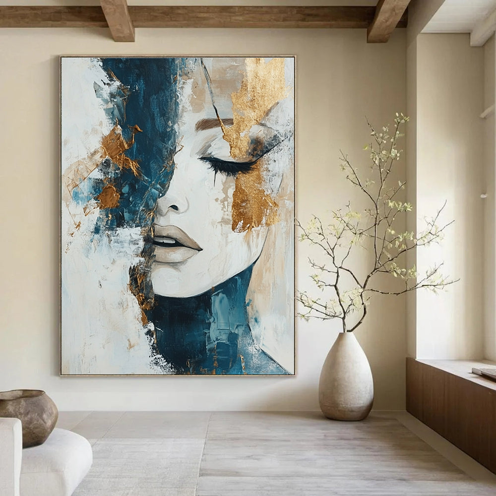 Large abstract painting in white beige and blue tones with gold accents representing the harmony of nature's elements on canvas.STSC361