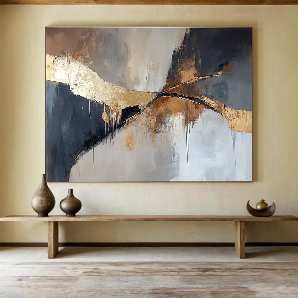 An abstract painting in muted browns and greys with elegant gold accents, featuring a striking minimalistic design perfect for modern aesthetics.SC327