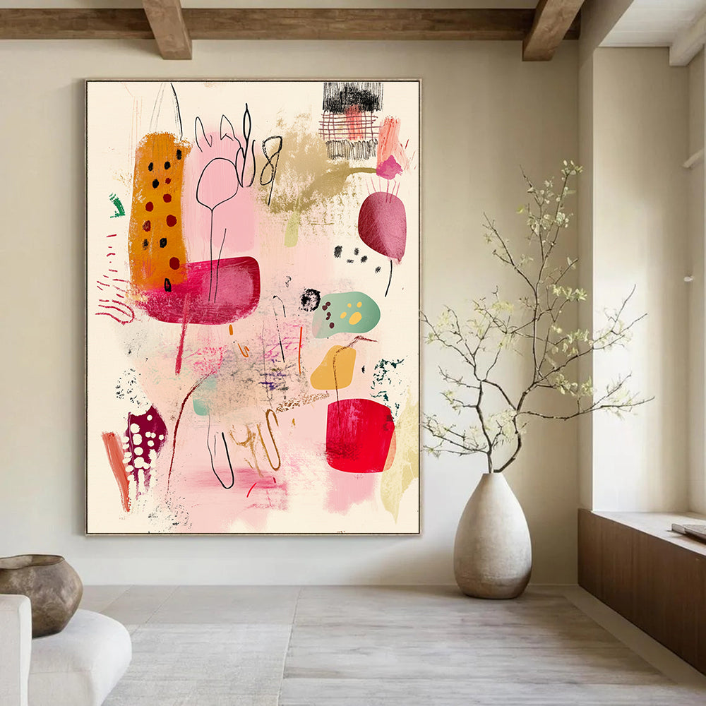 Large abstract painting featuring organic forms in pink red green and yellow with vintage textures and expressive brushstrokes on a light background.STSC1193