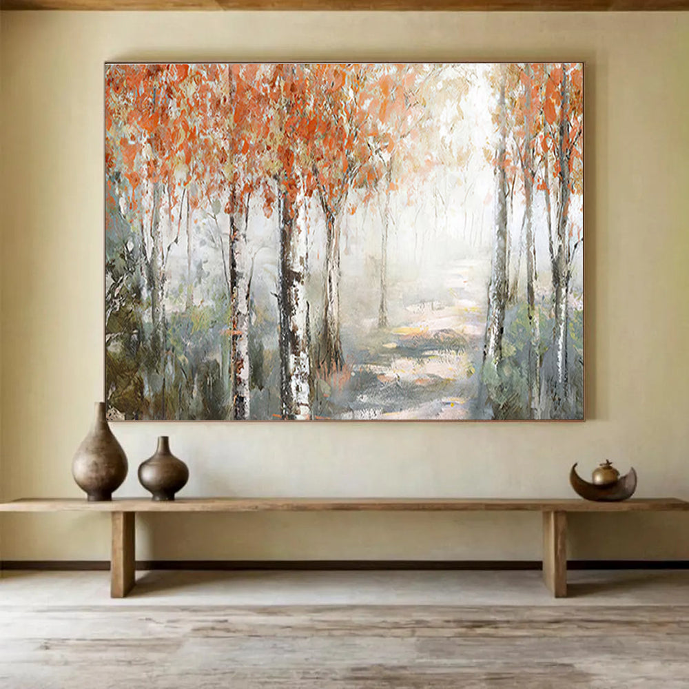 Autumn Birch Forest Path Abstract Painting with Orange, Grey, and Green Tones THY222