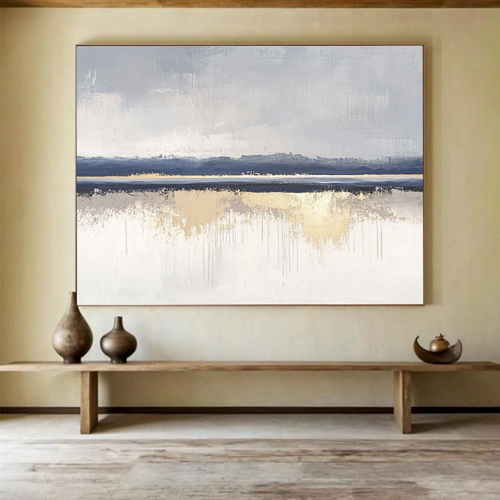 Grey Blue and Gold Landscape Abstract Painting with Reflective Details DYP199
