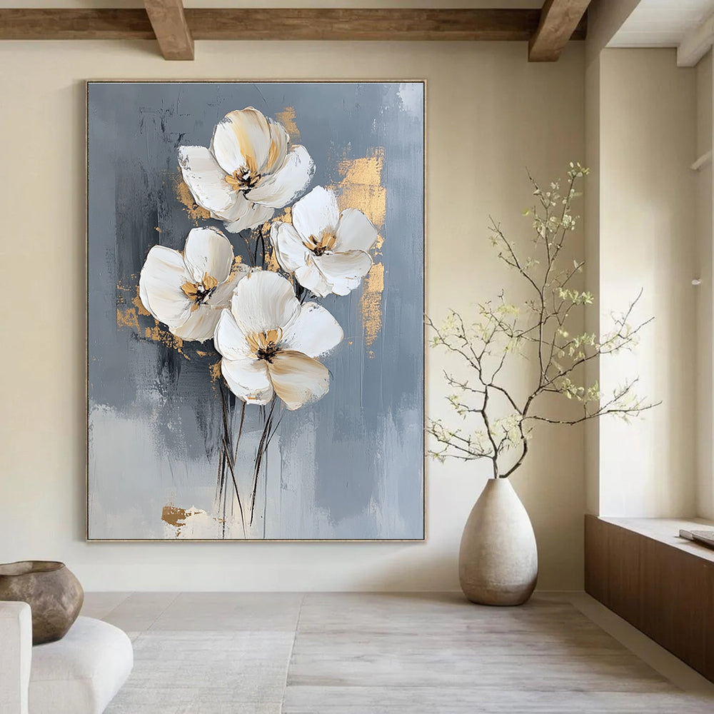Large abstract oil painting featuring white flowers on a gray background with elegant gold accents for a stunning modern decor statement.STSC511
