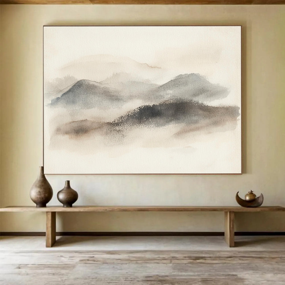 Large abstract watercolor painting of misty hills in muted gray and beige tones with organic brush strokes and textured background on light-colored paper.SC549