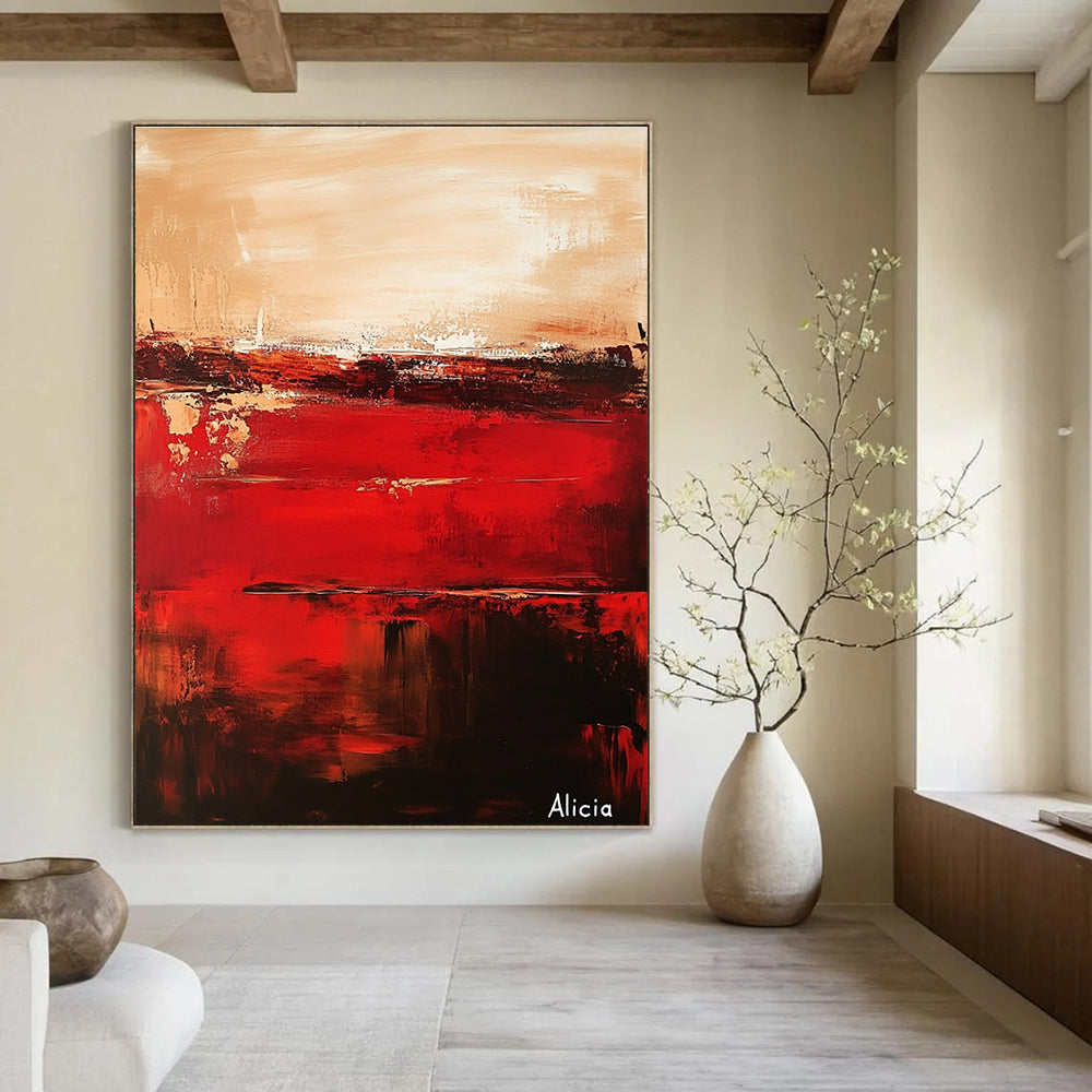 Large abstract painting of red and brown titled Alicia with deep burgundy and pale gold textures on a tranquil sunset-inspired backdrop.STSC690
