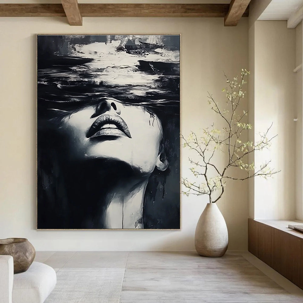 A large abstract painting of a woman's face emerging from water in dynamic black and white brushstrokes inspired by Yoji Shinkawa and Dominik Mayer.STSC1385