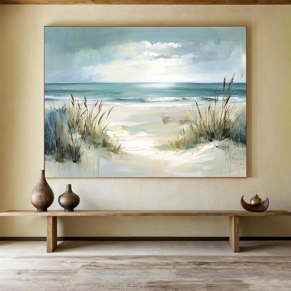 Large abstract painting depicting a serene coastal scene with dunes and ocean in soft pastel teal and blue hues, radiating tranquility and serenity.SC546