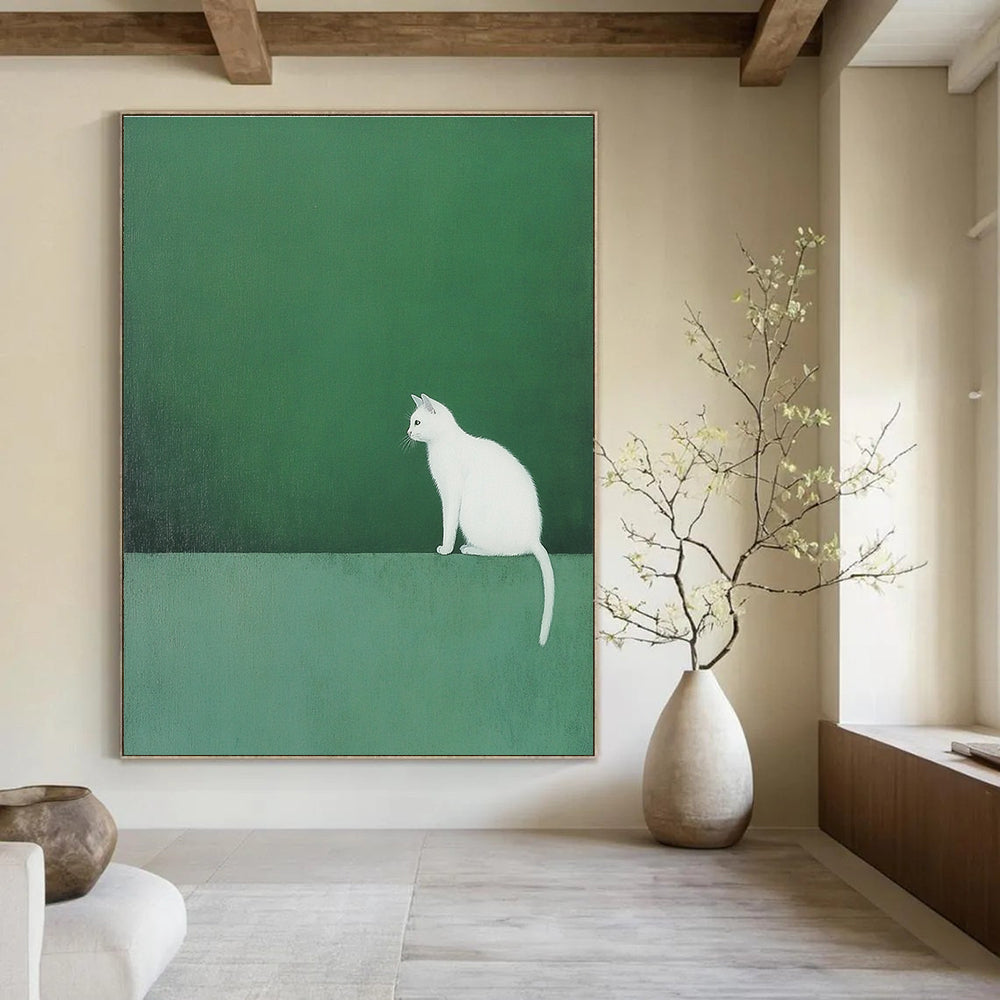 An abstract painting featuring a white cat on a green backdrop in minimalist style with ultra-fine details and matte texture.STSC1249