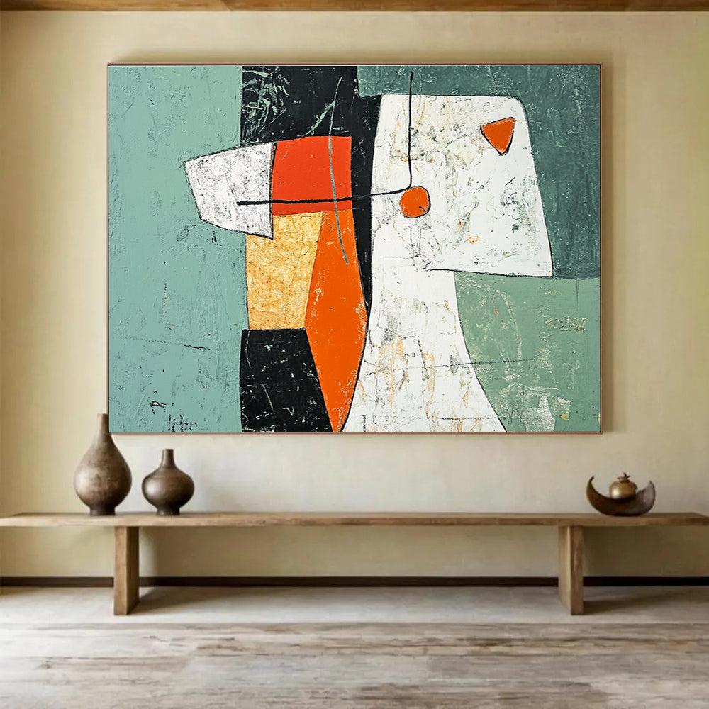 Large abstract painting featuring green orange and white shapes with black lines and a woman's figure made from paper and fabric elements.SC198