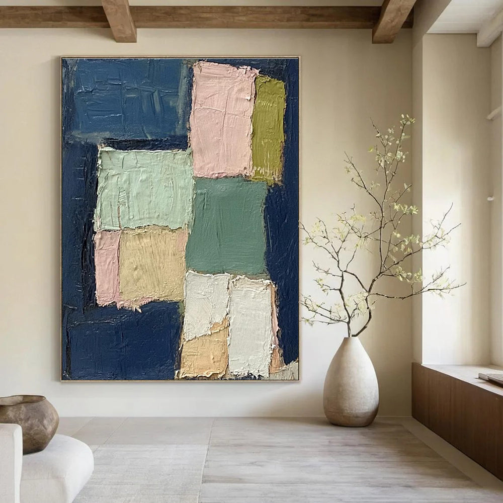 Blue Pink Green Beige Patchwork Abstract Painting ADGE013