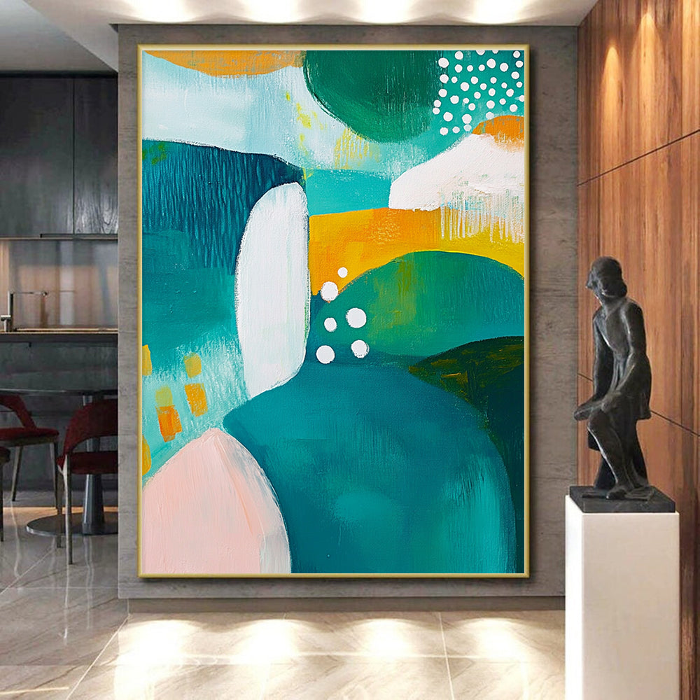 Colorful Abstract Painting with Teal, Green, and Yellow Shapes GER266