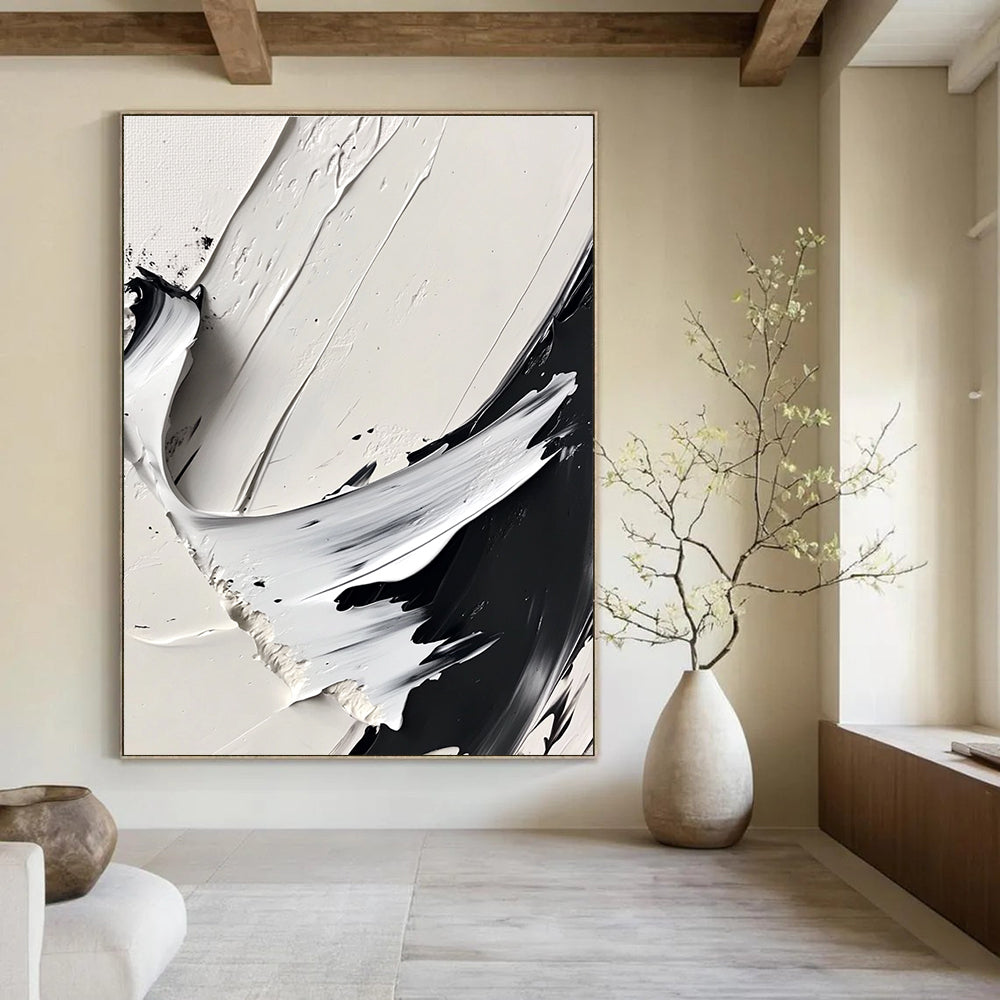 Large abstract painting featuring dynamic brush strokes in monochrome, high contrast, sharp edges, and soft blurred areas creating depth and texture.STSC507