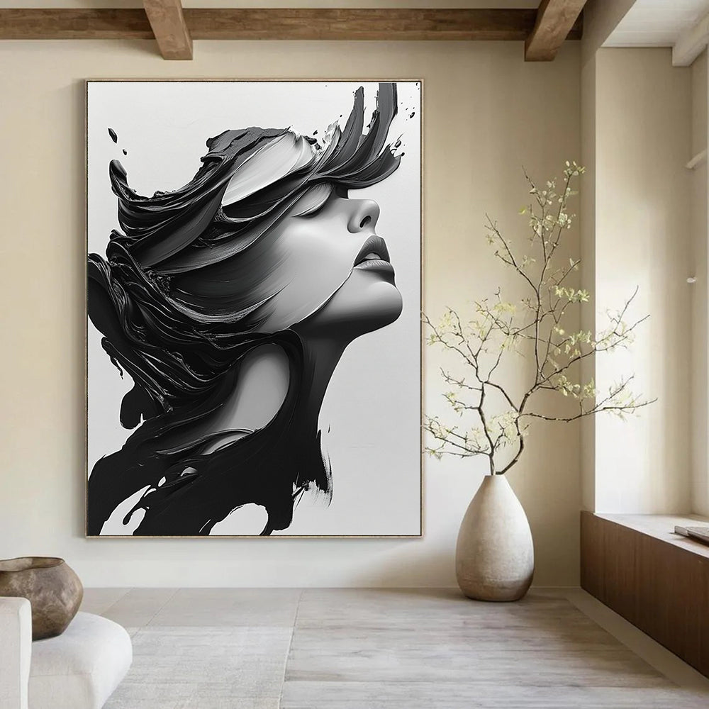 Large abstract painting featuring a close-up portrait of a beautiful woman with long hair blowing, in monochrome colors and dramatic contrast.STSC1469