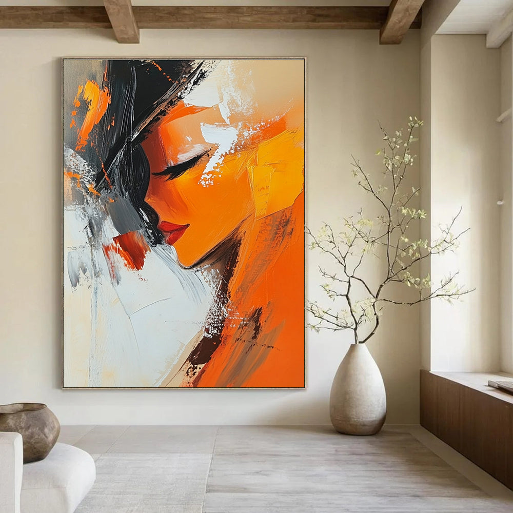 Large abstract oil painting featuring an orange woman infused with expressive brushstrokes in white beige black grey and brown tones.STSC151