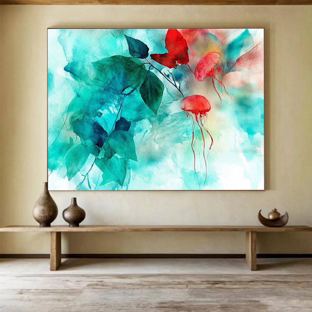 Jellyfish and Leaves Abstract Painting in Teal and Red DYP446
