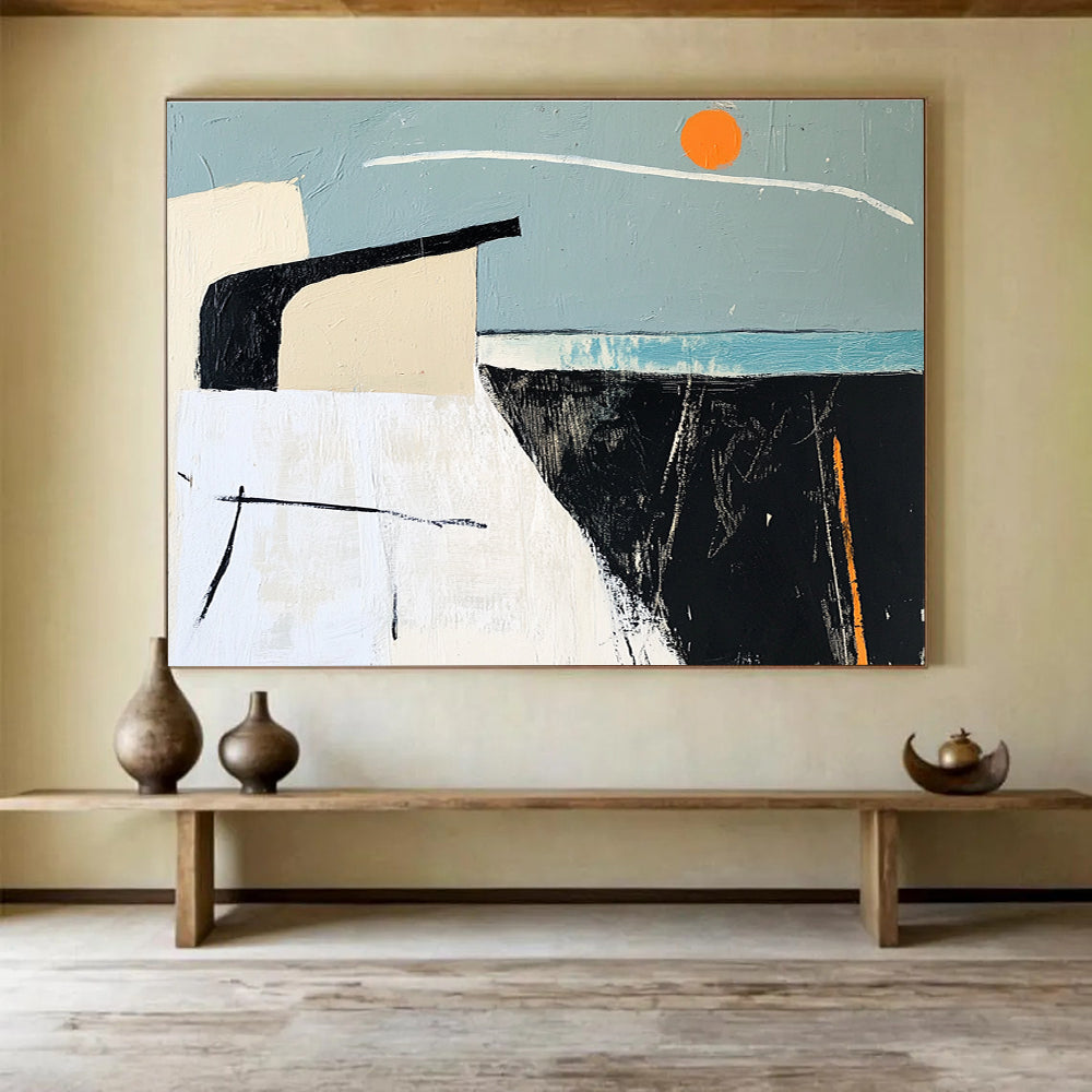 A large abstract painting featuring sea-themed black and white lines, blue and gray blocks, orange accents, and a simple house silhouette against a clear sky.SC388