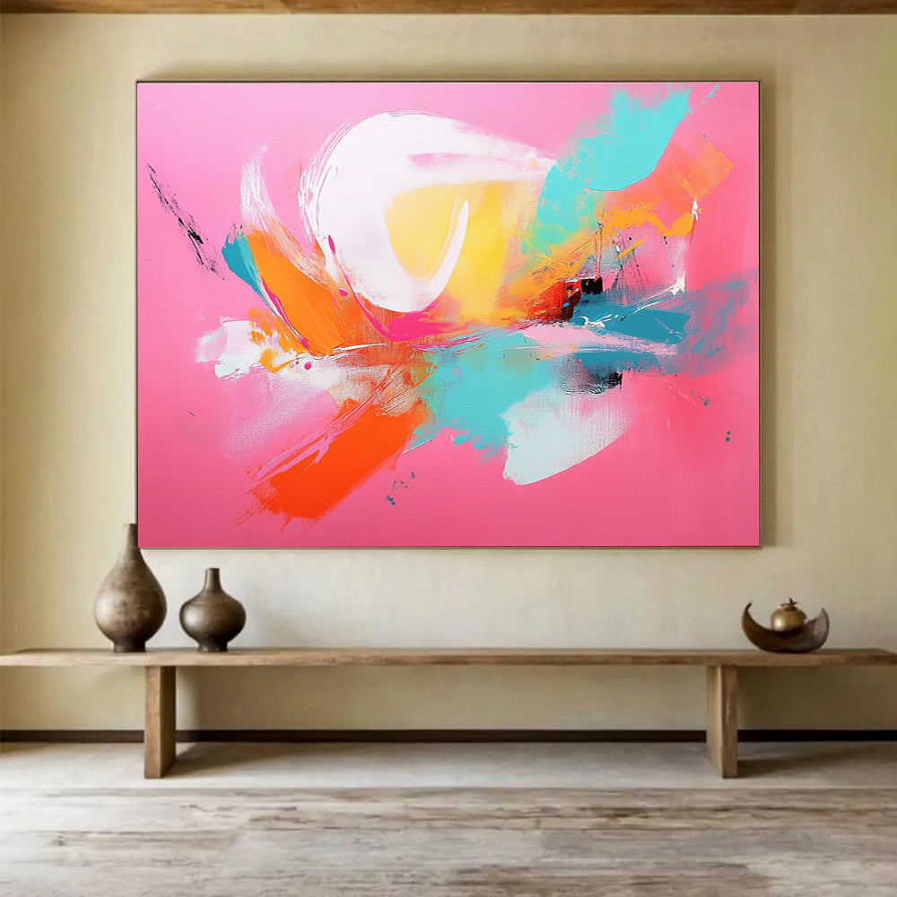 Large abstract painting with a pink background and vibrant orange and teal accents showcasing dynamic brush strokes.SC224