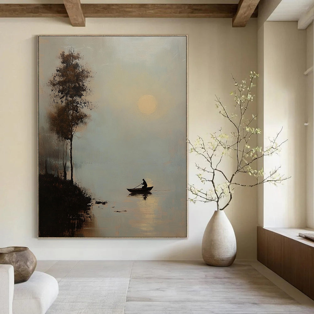 An abstract painting of moonlight over water featuring a man in a boat and a tree silhouette in soft muted tones.STSC1307