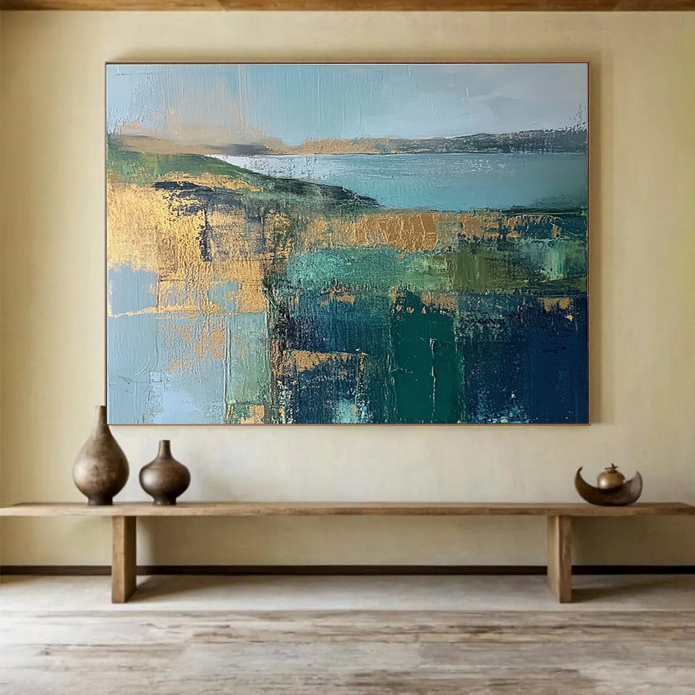 Blue Green Gold Landscape Abstract Painting with Geometric Textures DYP268