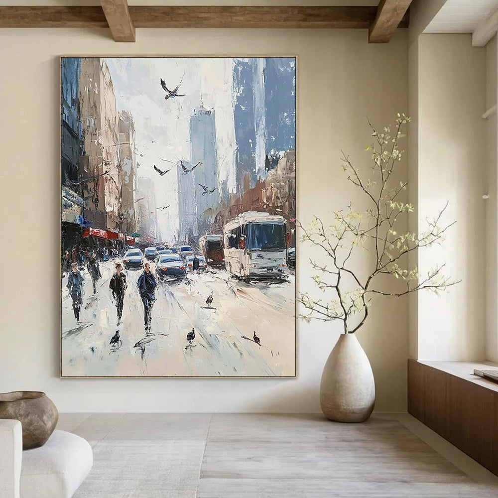 Vibrant abstract painting depicting a bustling city street with people cars and tall buildings in soft pastel colors and impressionist style.STSC930