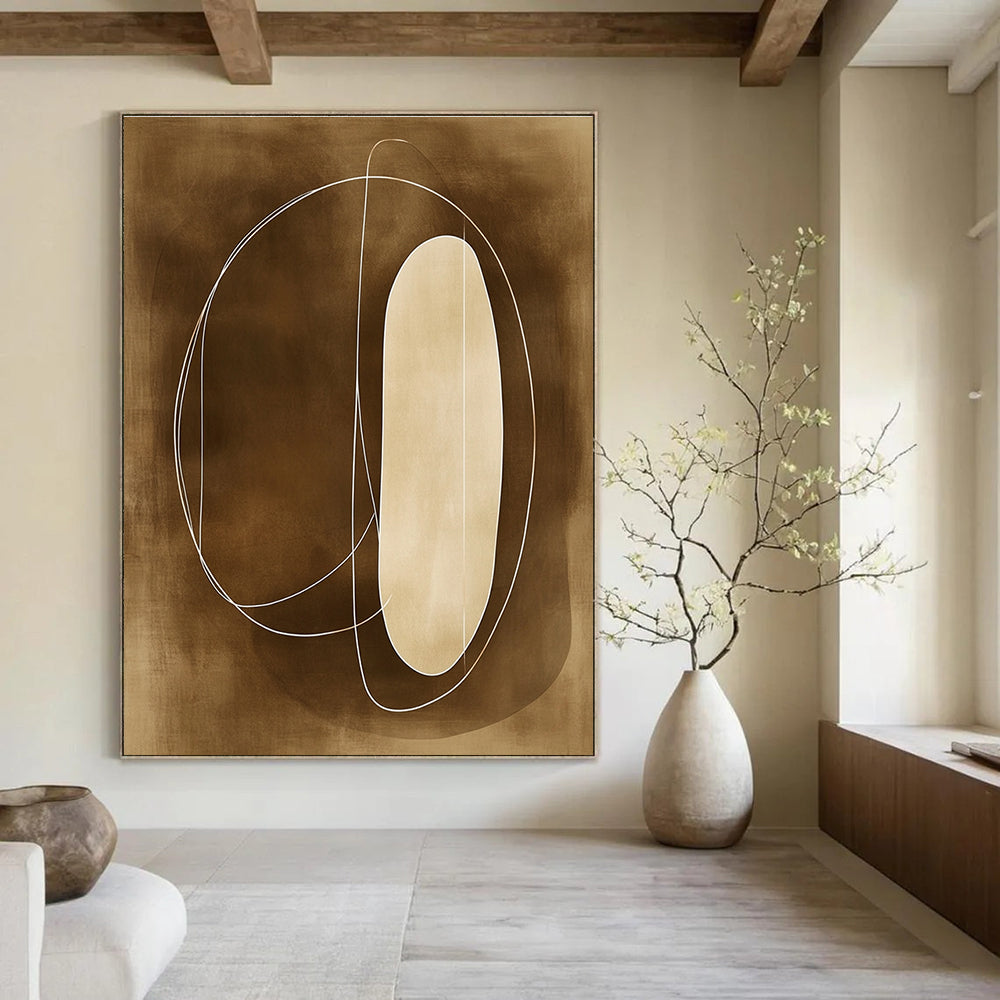 Large abstract painting with sepia tones featuring soft lines organic shapes outlined in white enhancing simplicity and elegance.STSC484