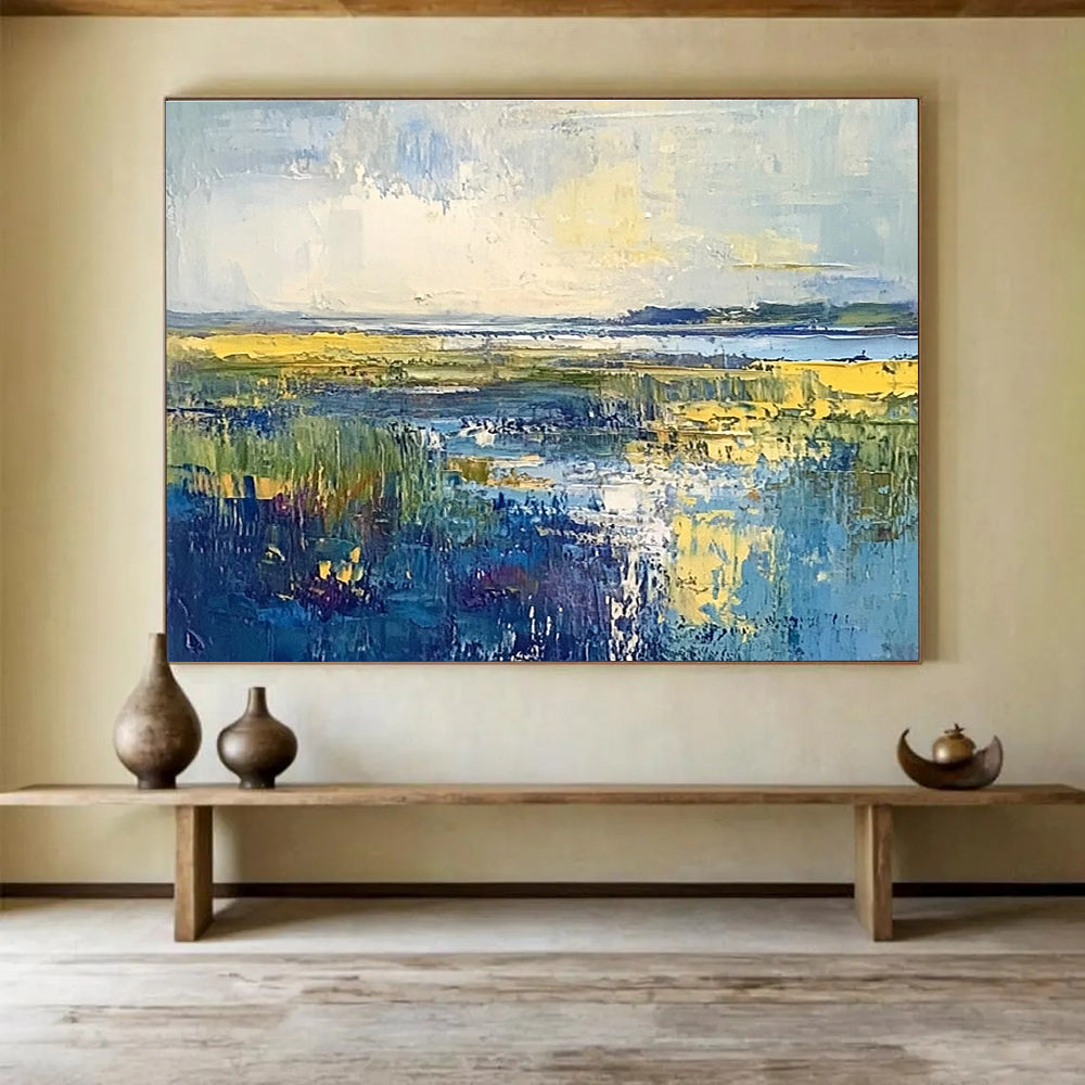 Large abstract landscape painting of the North Sea featuring blue green and yellow hues with an overcast sky on oil-painted canvas.SC072