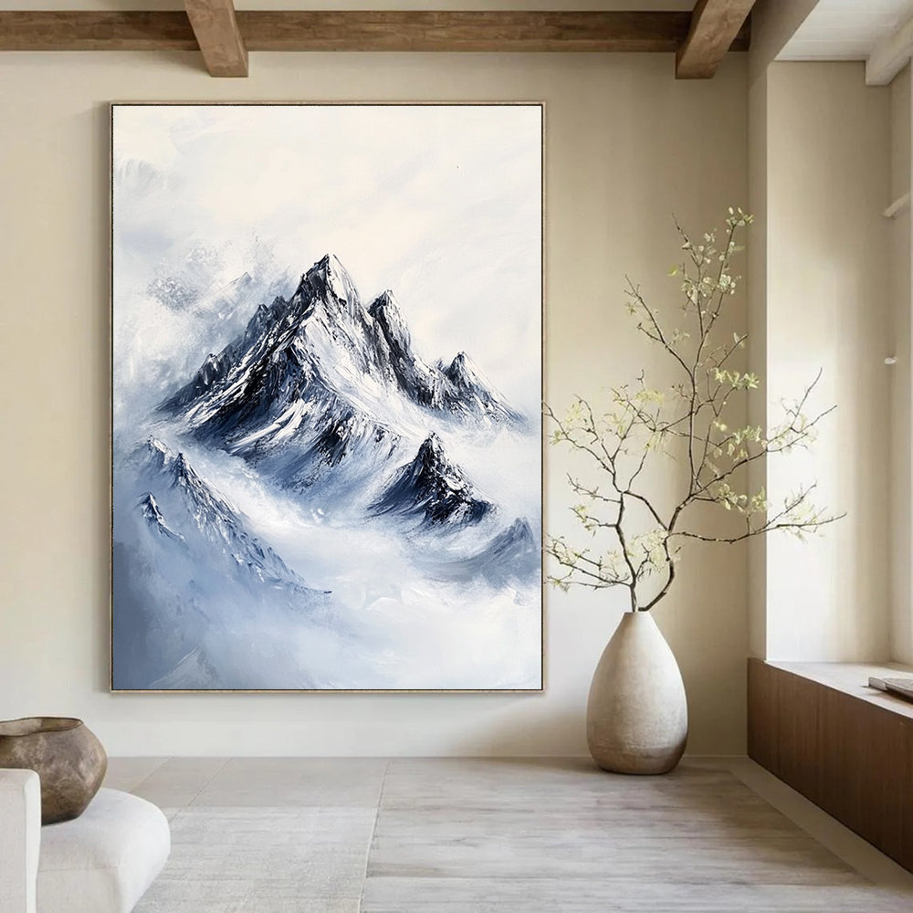 A large abstract painting featuring a rugged mountain peak with intricate rocky textures and deep blue snow-covered peaks against a white background.STSC1168