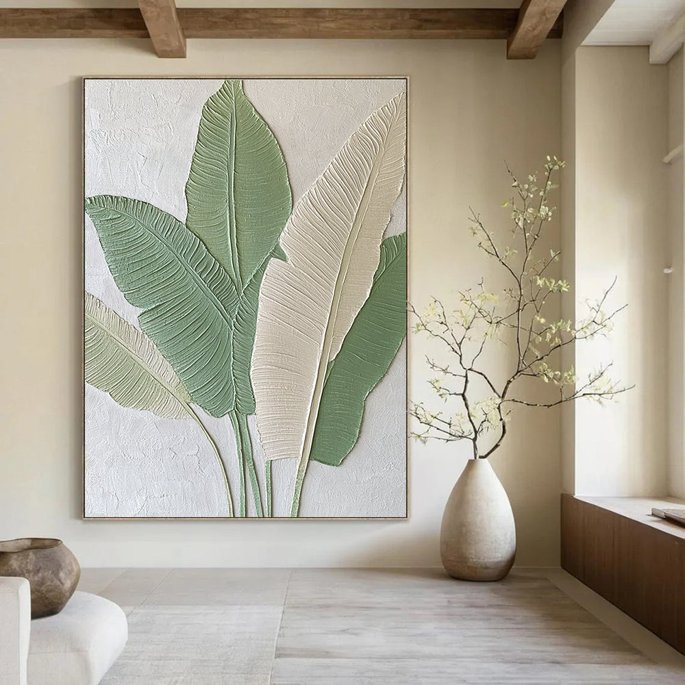 Large Abstract Painting Featuring Embossed Banana Leaves in Light Green and Beige Tones Ideal for Modern Home Decor.STSC001