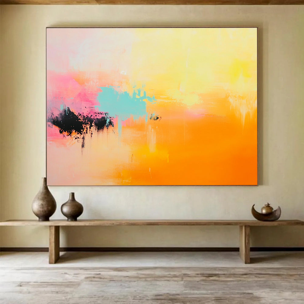 Large abstract painting featuring soft hues of light yellow, pink, orange, and turquoise for a serene and uplifting atmosphere.SC254