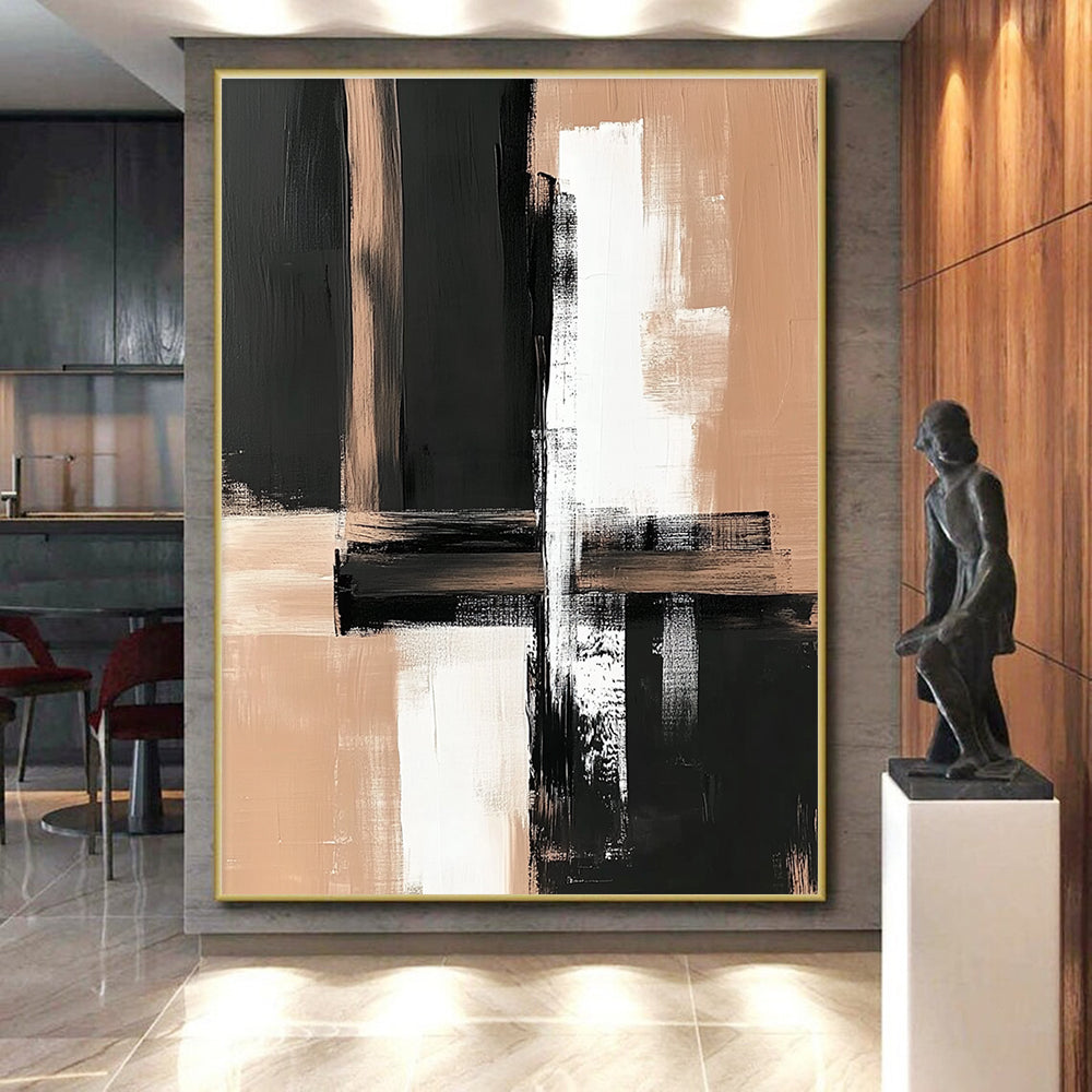 Black Beige Minimalist Strokes Abstract Painting GER861
