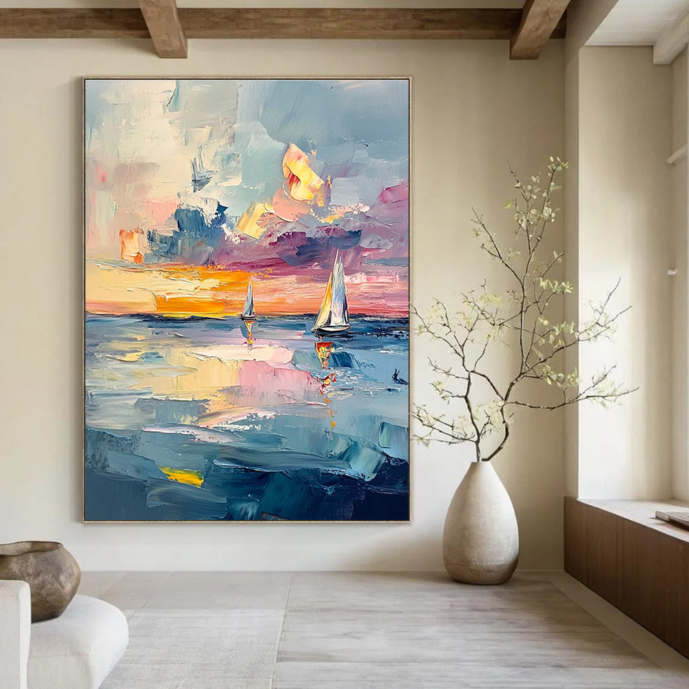 Large abstract painting of the sea with textured layers and pastel skies featuring sailboats reflecting light like gems across the canvas.STSC973