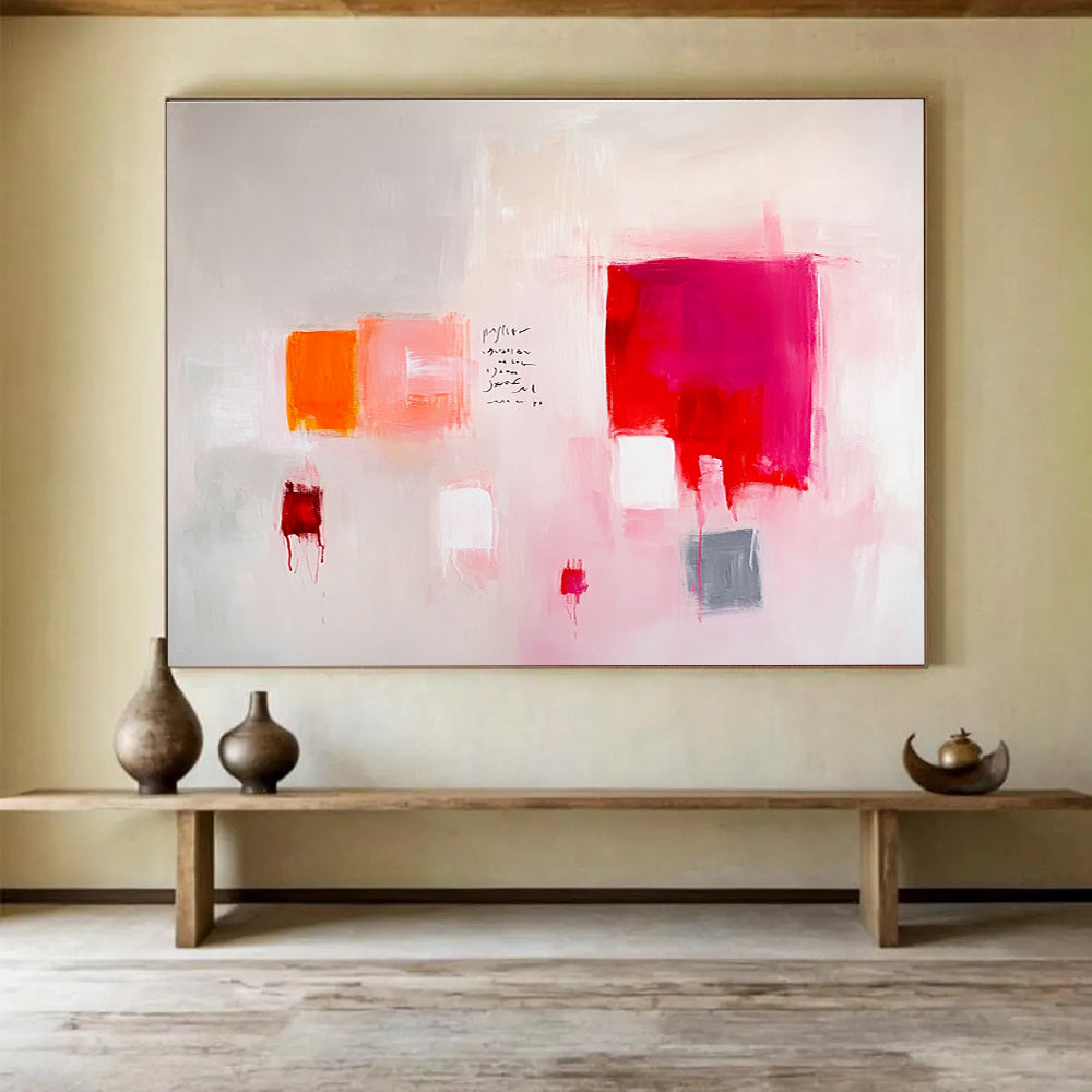 Large abstract painting featuring light pink and red tones with gray soft edges and minimalist brush strokes on a white background.SC242