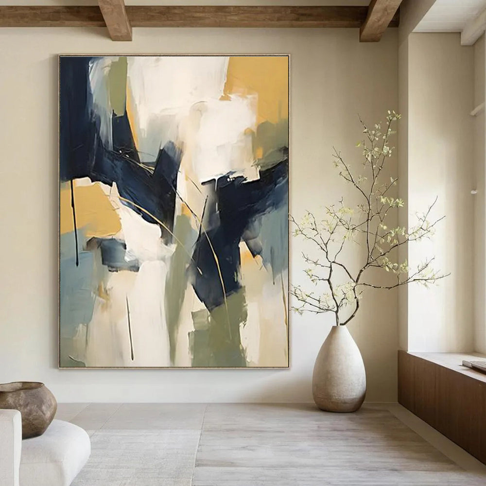 Geometric Color Blocks Abstract Painting with Blue, Green, and Yellow ADGE123