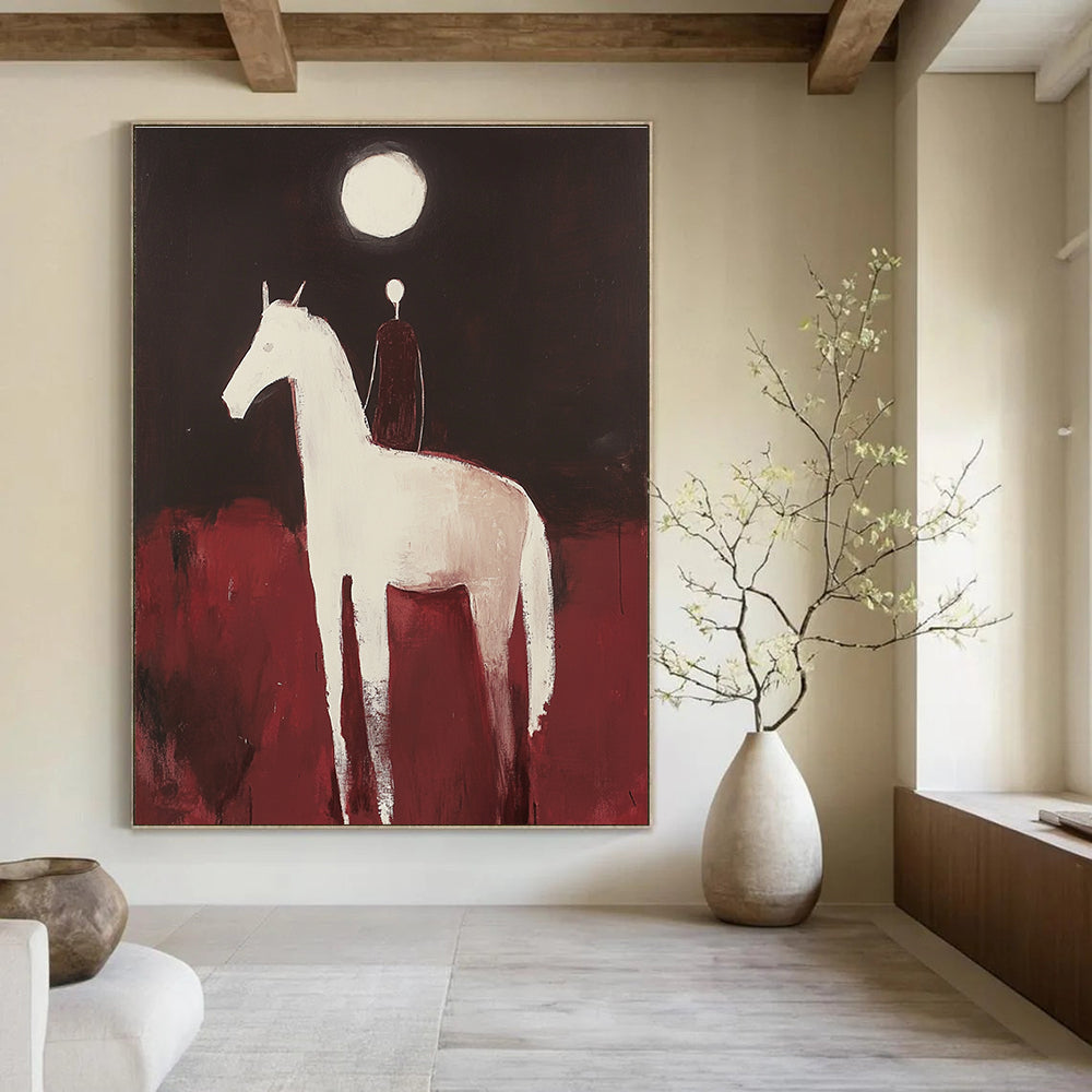 Large abstract painting of an Arabian horse and rider with minimalist forms against a dark red background illuminated by a full moon.STSC572