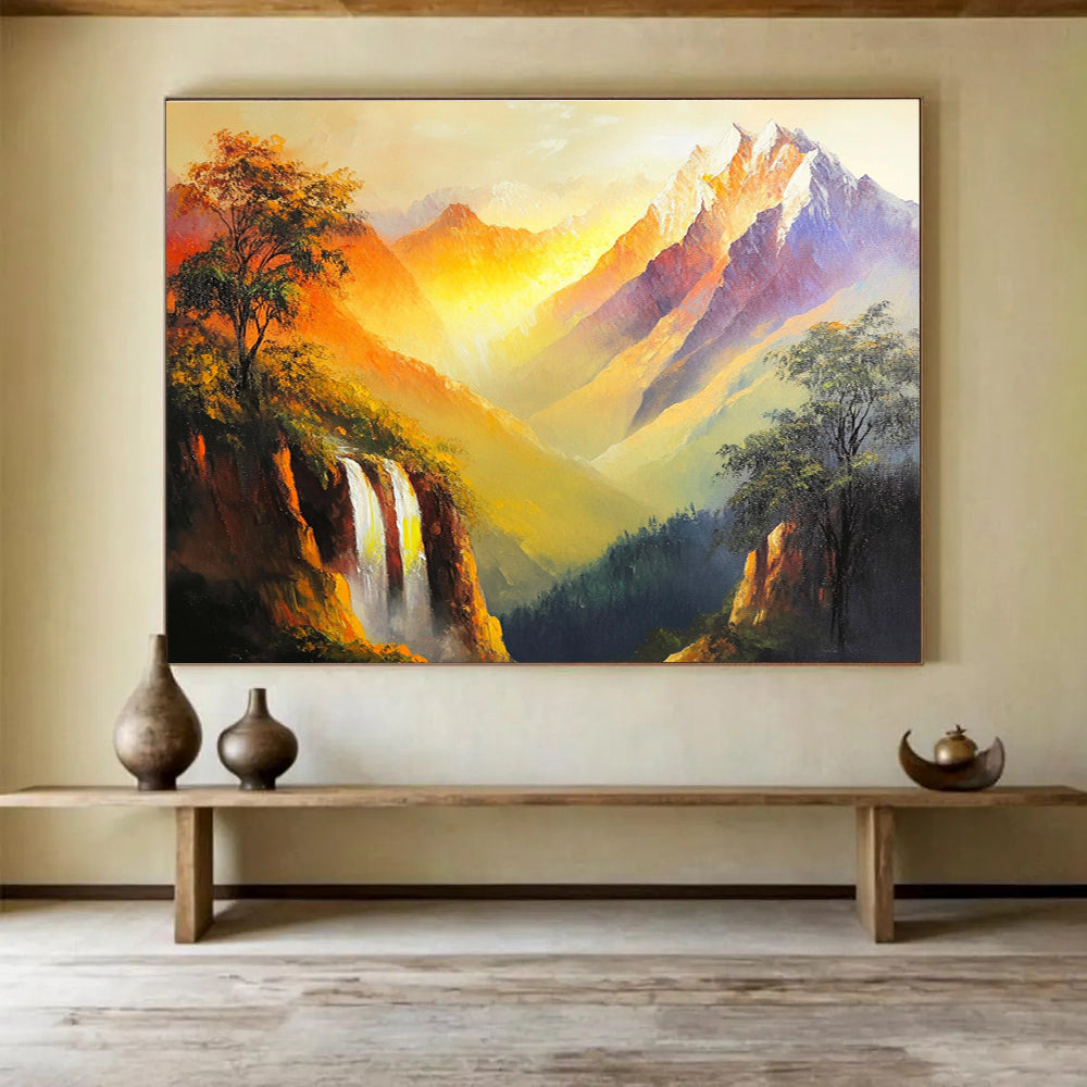 A large abstract painting depicting golden peaks and mountains with bright colors and strong brushstrokes capturing nature's grandeur and serenity.SC579