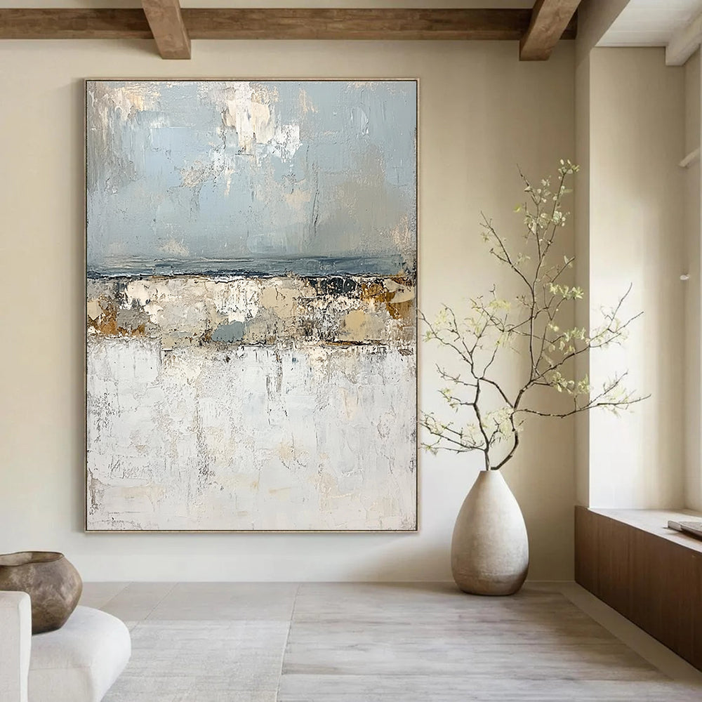 Large abstract painting of the open sea featuring impasto textures light blue and gray tones with serene landforms in white creating a tranquil atmosphere.STSC270