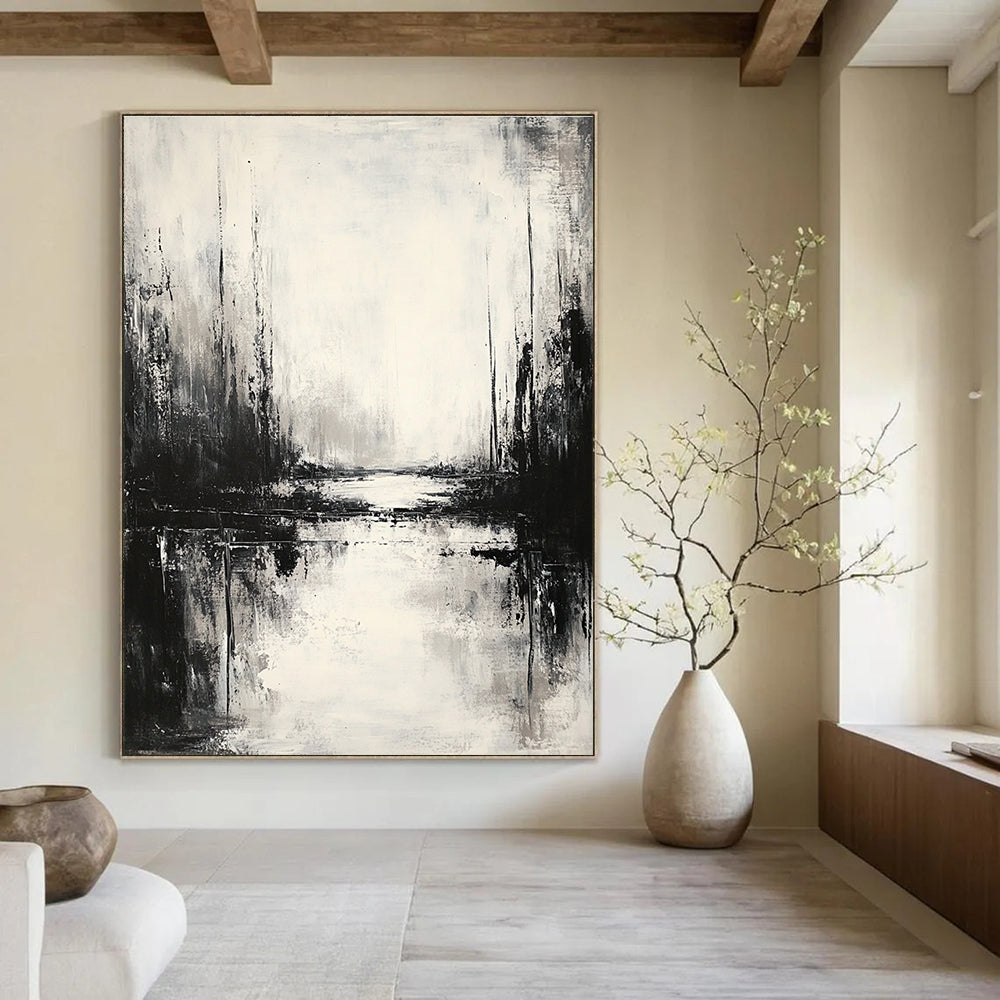 Large abstract painting featuring an atmospheric landscape in neutral tones with low contrast and muted colors, creating a serene monochromatic reflection.STSC021